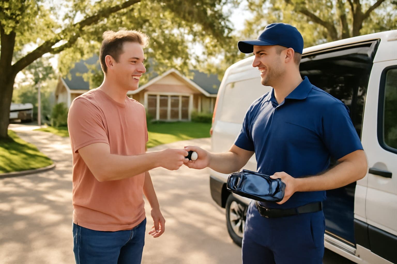 Car key fob programming from a Houston Key Rescue van in a sunny Houston driveway