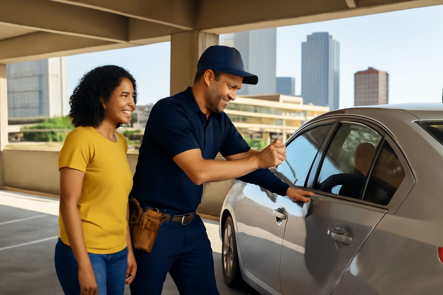 Houston Key Rescue locksmith opening a locked car door in a bright Houston parking garage