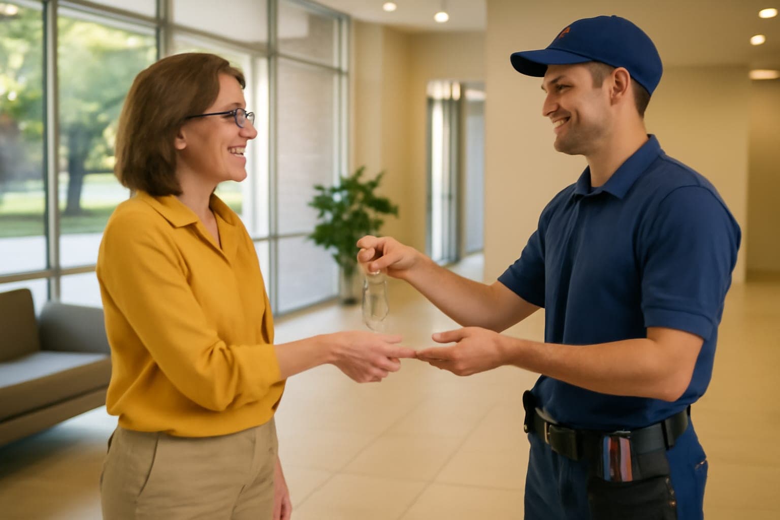 Master key system handover to an office manager in a bright Houston, TX office lobby
