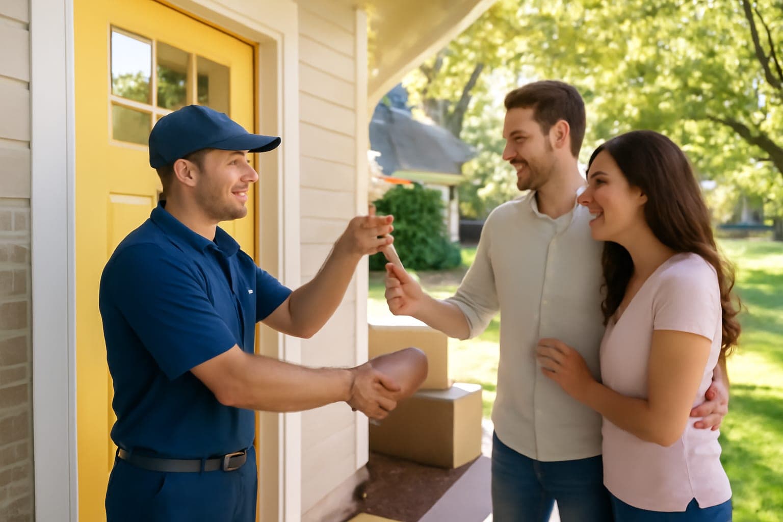 Houston Key Rescue locksmith handing new keys to homeowners after rekeying a Houston house