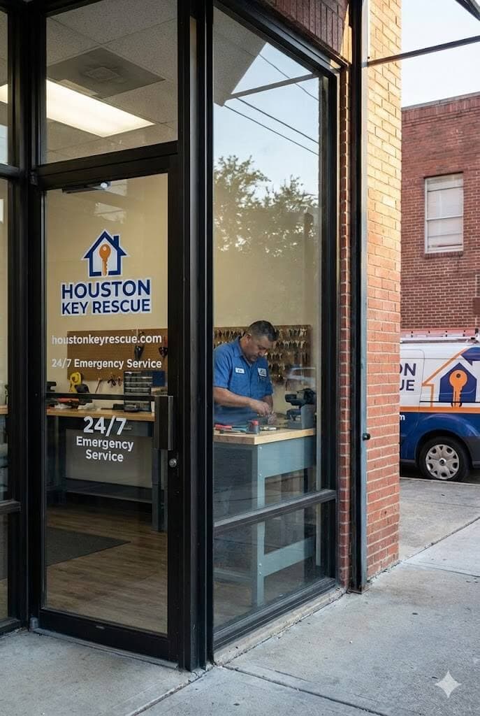 Houston Key Rescue locksmith cutting a key at the Houston shop bench, service van outside