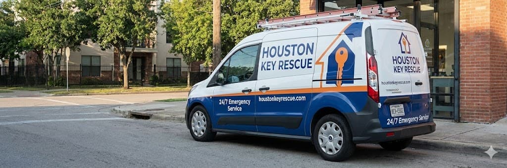 Houston Key Rescue locksmith service van parked on a Houston street — 24/7 emergency locksmith, car keys and residential lockouts