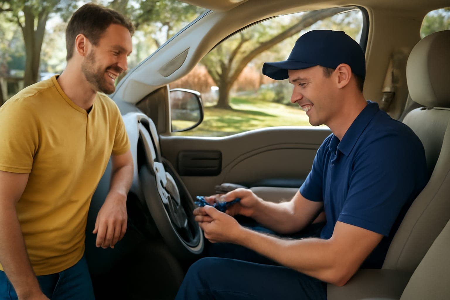 Ignition cylinder repair inside a pickup truck by a Houston Key Rescue locksmith in bright daylight